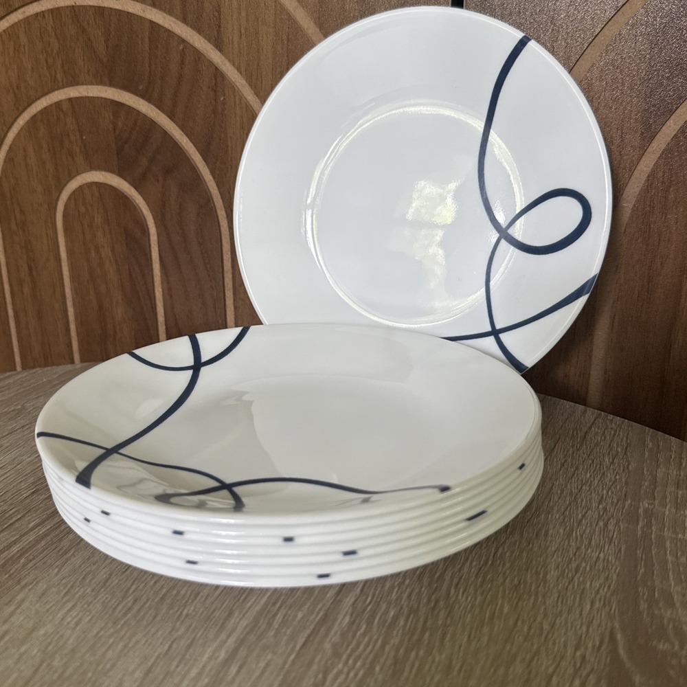Corelle Corning Lia Blue Swirl Line Bread/Dessert Plates—Set Of 8 –6 3/4"